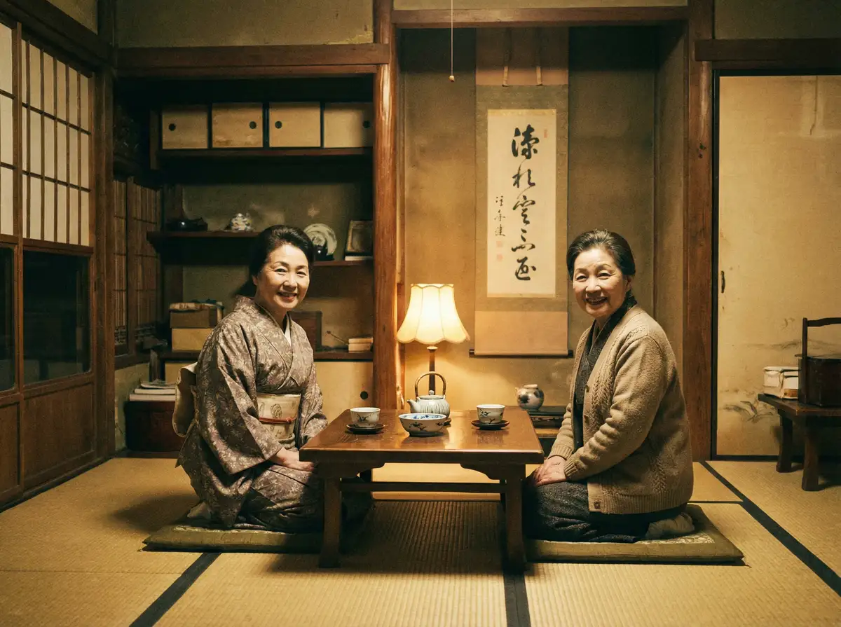 两位优雅的 花季V1.173破解版下载 在日式茶室中品茶交谈